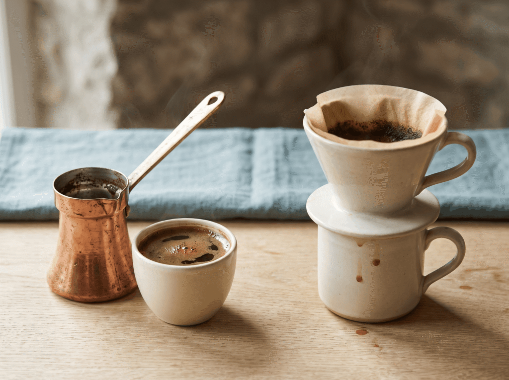 Domaća kafa u džezvi i fildžanu pored filter kafe koja se priprema kroz papirni filter